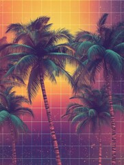 Retro vaporwave pattern with glowing palm trees, sunset gradients, and grid lines, 80s synthwave aesthetic