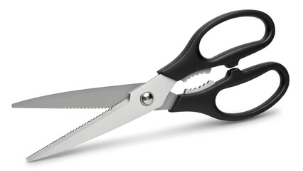 A pair of sharp scissors with black handles on a white background