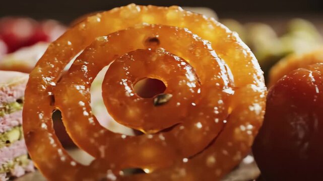 Assortment of traditional Indian sweets like Jalebi and pistachio barfi glistening with sugar syrup for festive celebration concept and culinary heritage