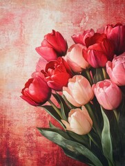 Romantic floral bouquet of roses and tulips, painted in vintage oil painting style