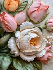 Romantic floral bouquet of roses and tulips, painted in vintage oil painting style