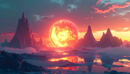 A colossal fiery orange sun sets dramatically over a misty alien landscape featuring sharp mountain peaks and water reflections.