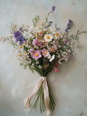 Romantic meadow bouquet of wildflowers tied with a silk ribbon, soft rustic ambiance
