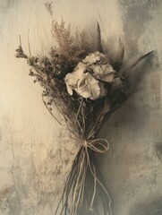 Rustic bouquet of dried flowers and grasses, tied with twine, soft vintage aesthetic 