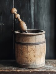 Rustic farmhouse butter churn, wooden texture, vintage style