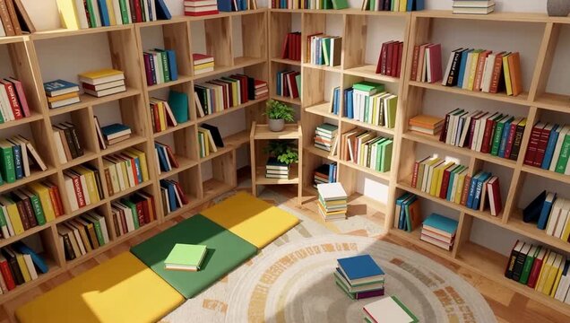 Cozy Reading Library With Colorful Bookshelves And Cushions.
