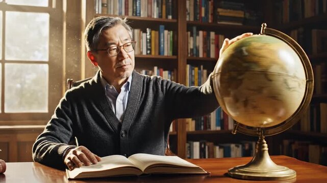 Mature man studying globe and book in cozy library with bookshelves