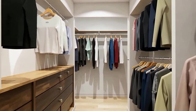Inside a modern walk in closet showroom showcasing clothes.
