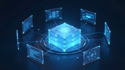 A futuristic cube with glowing blue interfaces and screens surrounded by digital displays in a dark environment.