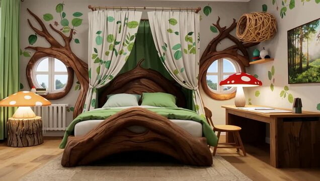 Whimsical woodland bedroom with canopy bed decor.