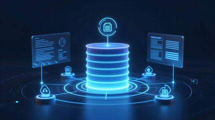 Secure data storage concept with database stack and digital interface elements surrounding a central lock icon in a futuristic blue environment.