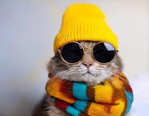 Fototapeta premium stylish cat wearing a yellow hat sunglasses and a colorful scarf