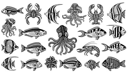 Monochrome Illustrations of Marine Life Including Fish and Crustaceans © colorshapppy