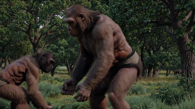 A cinematic video still of prehistoric humanoids in a lush forest. The low-angle shot emphasizes their muscular build and primal environment.