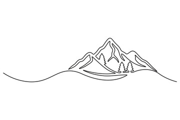 Abstract single stroke line modern illustration mountain range with pine forest trees