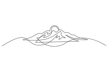 Modern single stroke line clean outline style mountain landscape with rising sun scenery