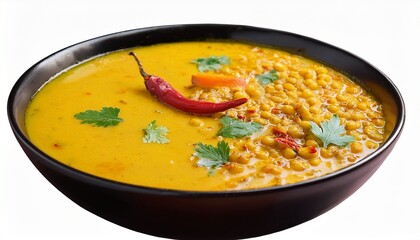 Yellow Lentil Curry Dal Tadka With Ghee And Red Chili Tempering Served In Bowl On Transparent White Background