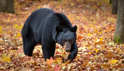 An American Black Bear Ursus Americanus In A Field Of Fallen Chestnuts Looking For Nuts To Eat