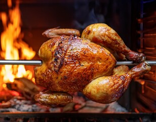 deliciously roasted whole chicken on a rotisserie perfectly golden and seasoned with flames in the background creating a mouthwatering and fiery ambiance