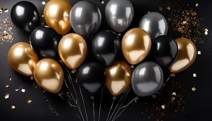 Black And Silver Balloons With Gold Confetti On Black Background