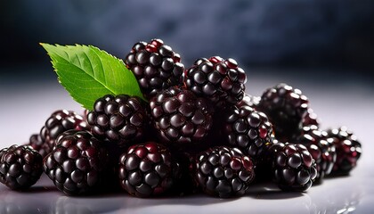 Close Up Of Ripe Glistening Blackberries Piled With A Single Green Leaf
