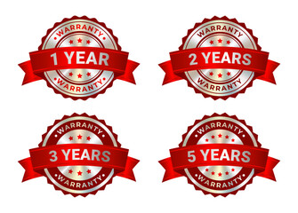 Obraz premium Set of round silver medal with award red ribbon, warranty badge icon with guarantee label, certification emblem and quality assurance seal isolated on white background. Vector EPS10