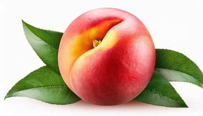 Ripe Peach With Green Leaves Isolated On Transparent Background