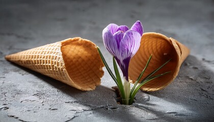 a lone vibrant violet crocus flower emerges from amidst two broken waffle cones nestled in a weathered gray concrete wall