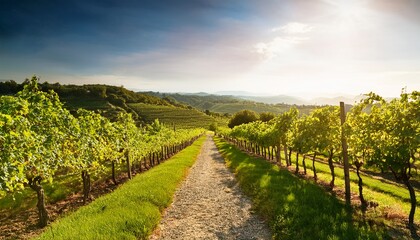 Obraz premium Serene Vineyard Pathway A Sunlit Stroll Through Lush Green Vines