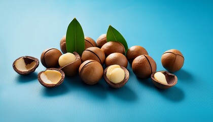 Macadamia Nuts With Cracked Nut And Shell On Blue Background