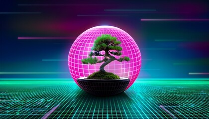 a miniature bonsai tree rests atop a sphere bathed in vibrant pink neon light against a backdrop of a digital landscape filled with green and turquoise grid patterns