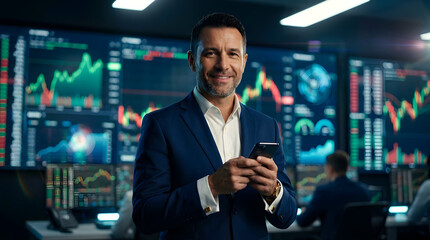 Confident Financial Trader with Smartphone in Modern Stock Market Trading Office