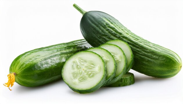 Fresh Sweet Small Cucumbers And Cucumber Longitudinal Section Isolated On White Background