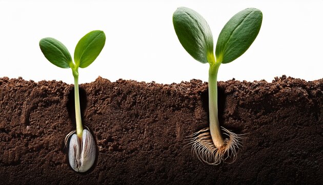 Cross Section Illustration Of Underground Seed Germination With A Sprout Emerging In Moist Soil On A White Background