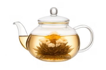 Glass teapot brewing blooming jasmine flower tea
