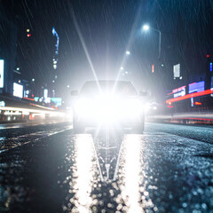 Dramatic car headlights pierce heavy rain on a dark city street. This atmospheric shot captures urban travel and safety, ideal for automotive branding and transportation narratives.