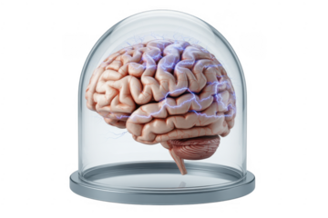 Human Brain in Glass Dome with Electric Signals neuroscience isolated on a transparent background
