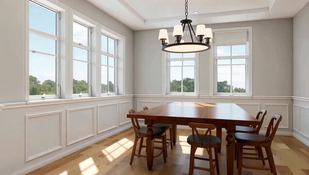 Bright Dining Room With Large Windows And Elegant Chandelier.