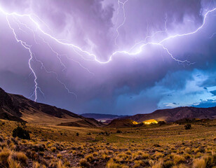 Powerful lightning bolts crack across a moody purple sky, illuminating a rugged mountain valley at dusk. A breathtaking display of natural energy, perfect for dramatic editorial use.