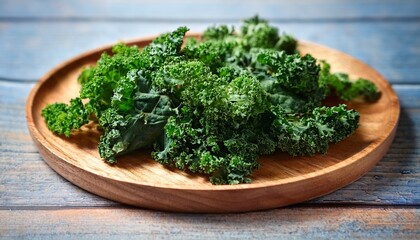Green Kale Chip On Wooden Plate