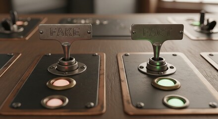 Toggle switch with fake and fact labels on a control panel. Concept of filtering information, truth verification, and making choices about news.