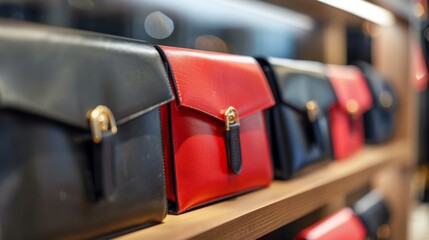 Stylish and modern women's clutches displayed in fashionable lineup on wooden shelf. concept of fashion accessories, elegant design, trendy bags collection.