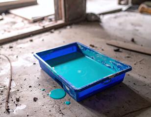 Vibrant teal paint in a blue tray on a dusty concrete floor symbolizes renovation and DIY creativity. Ideal for home improvement, industrial design, and construction themes.