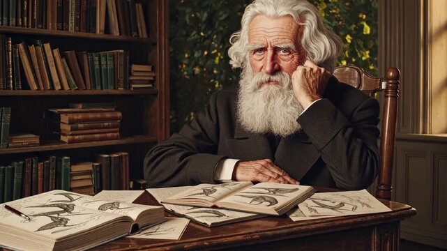 A scholarly man with a white beard sits at a wooden desk surrounded by books. The video captures a thoughtful side angle in a warmly lit library.