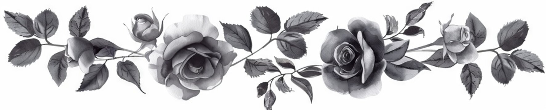 Elegant Black and White Watercolor Art of Rose Garland with Leaves on white background. Concept of Floral Art, Botanical Elegance, gothic style, dark romantic decor, floral border design. Banner