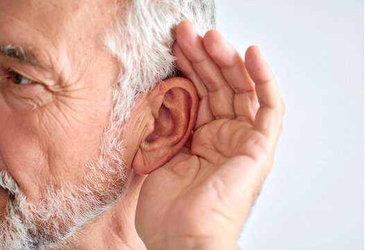 Persona mayor con la mano detr&aacute;s de la oreja para escuchar mejor, concepto de p&eacute;rdida auditiva, sordera, salud auditiva y cuidado auditivo en el d&iacute;a mundial de la audici&oacute;n