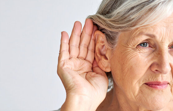 Persona mayor con la mano detr&aacute;s de la oreja para escuchar mejor, concepto de p&eacute;rdida auditiva, sordera, salud auditiva y cuidado auditivo en el d&iacute;a mundial de la audici&oacute;n
