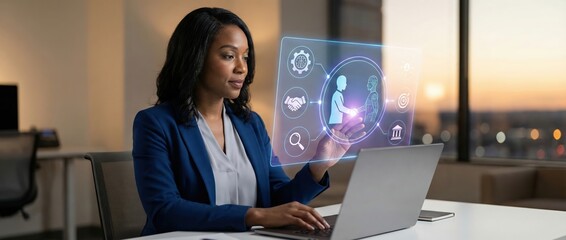 Black woman using futuristic interface with handshake, gears, magnifying glass, target, and building icons Business technology concept