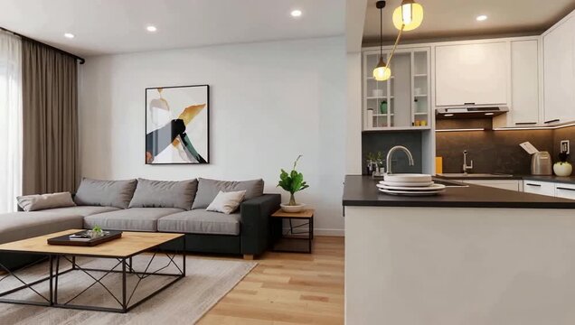 Bright Open Plan Living Room And Kitchen Interior.