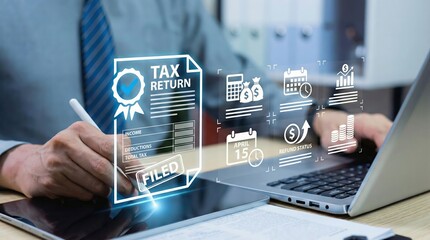 Man filing tax return online with digital icons for finance and accounting Concept of tax season, financial planning, and digital services